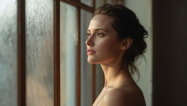 Contemplative woman gazing through misted window in warm soft daylight natural profile