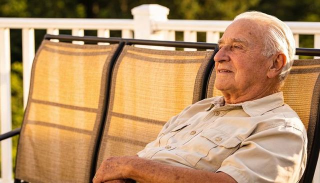 Senior man relaxing on deck chair at golden hour looking contemplative and peaceful on porch