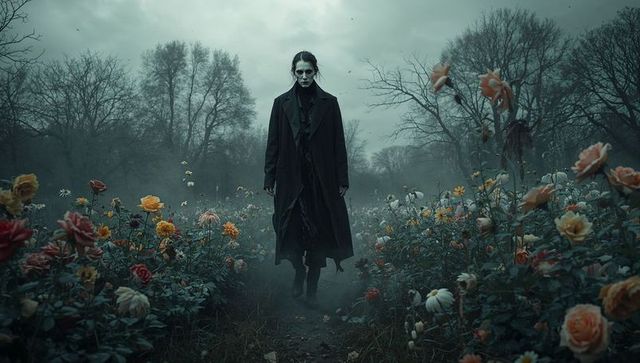 Walking gothic woman in long black coat through misty rose garden, cinematic portrait