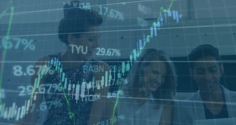 Business Team Analyzing Financial Data with Graph Overlay