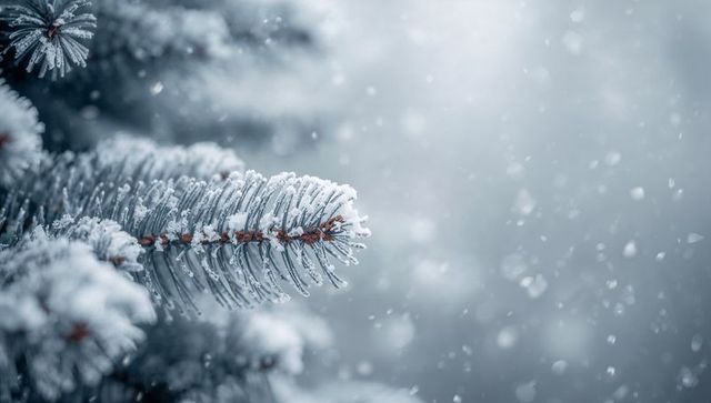 Frosted fir branch glittering with snowflakes falling close-up winter nature background