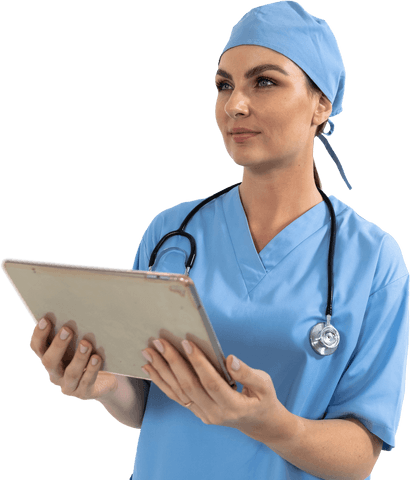Confident Female Nurse Using Tablet with Transparent Background