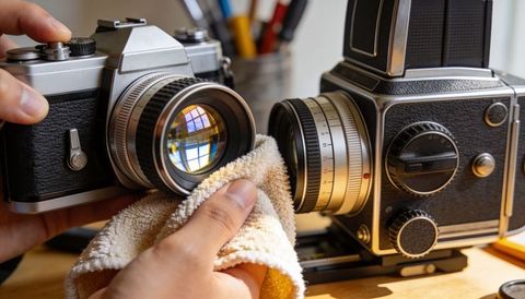 Wiping vintage slr lens with microfiber cloth on wooden workbench near medium-format camera