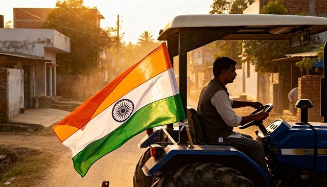 Indian farmer driving blue tractor waving tricolor flag on dusty rural road at golden hour