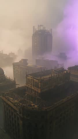 Vertical skyline video: Tower glowing, purple storm forming over city with flickering lightning