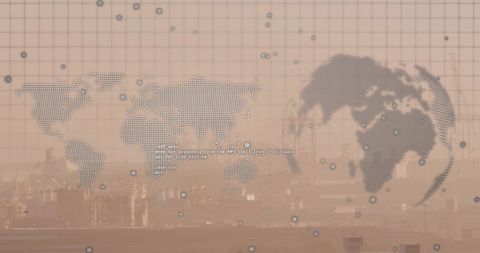 Abstract World Map Overlaying Industrial Cityscape Depicting Global Connectivity - Download Free Stock Images Pikwizard.com