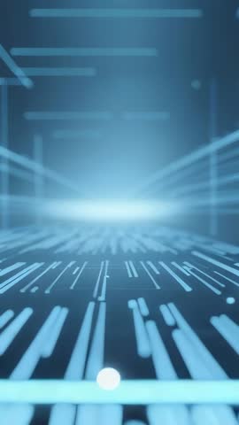 Vertical futuristic tunnel with glowing orb rolling on digital grid under neon light bars