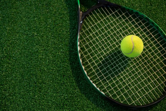 High angle view of tennis ball on racket at field