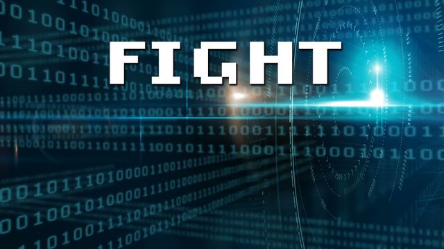 Video of the word 'FIGHT' overlaid on a background of binary code with light effects, representing digital warfare. Suitable for use in tech-related publications, articles on cybersecurity, or video game promotions. Can be used to illustrate concepts of hacking, digital battles, or futuristic technology advancements.