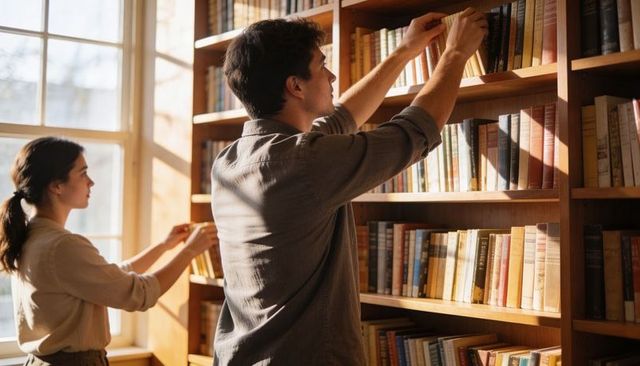 Two adults selecting books on sunlit wooden shelves, cozy learning and reading atmosphere