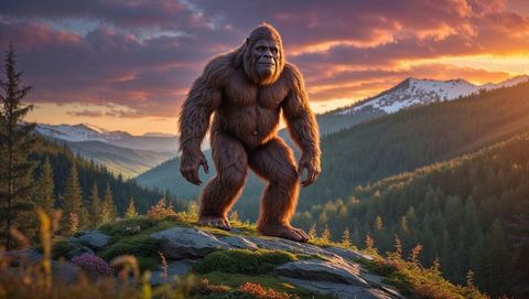 Legendary Sasquatch Overseeing Mountain Valley at Sunset