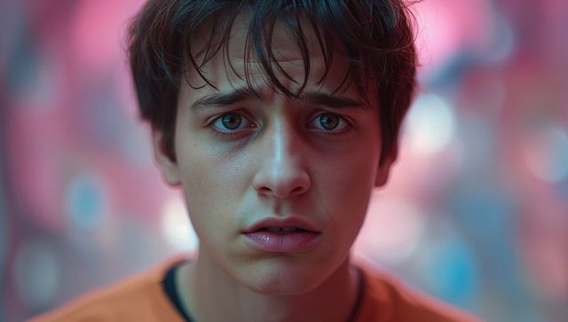 Introspective teen staring against colorful bokeh background