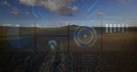 Aerial hud overlay showing remote plain with dirt track leading to low hill and circuitry