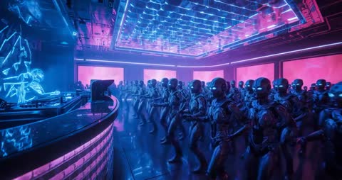 Humanoid Robots Dancing in Futuristic Nightclub