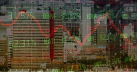 Financial data overlay on urban cityscape depicting market trends