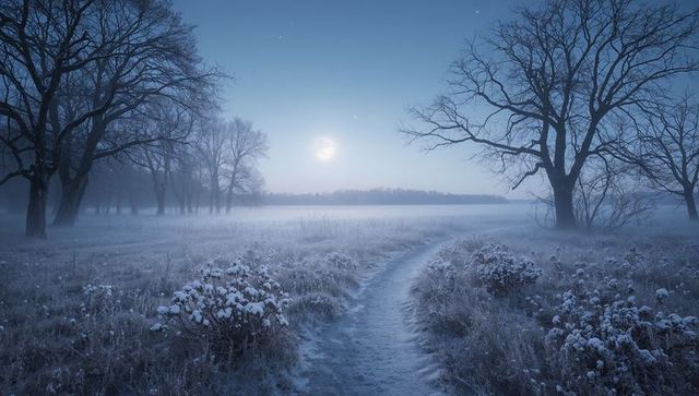Winding snow-covered path leading through moonlit frosty meadow with bare trees and mist