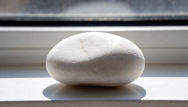 Smooth white pebble resting on sunlit windowsill casting soft shadow