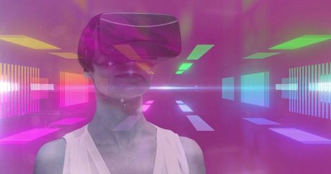 Futuristic Woman Immersed in Virtual Reality with Neon Lights
