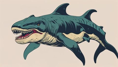 Prehistoric megalodon shark illustration on light beige background