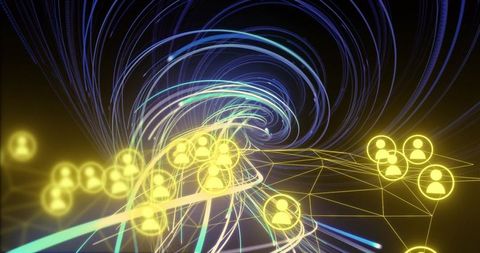 Spiraling neon user nodes forming digital network vortex on golden wireframe grid