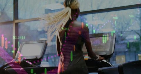 Woman running on treadmill with neon stock market overlay conveying fitness and finance
