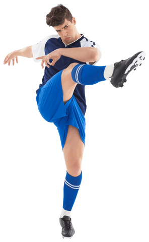 Focused Caucasian Soccer Player Kicking on Transparent Background