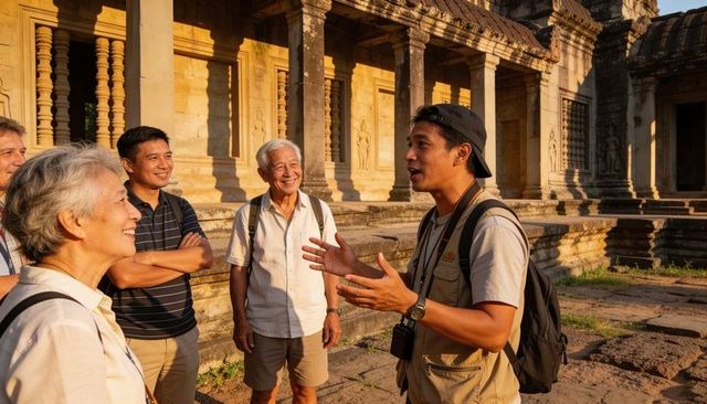 Local tour guide leading travelers at ancient sandstone temple during golden hour