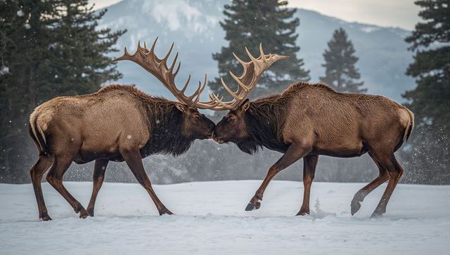 Bull elk locking antlers on snowy alpine meadow, rutting standoff with kicking hooves