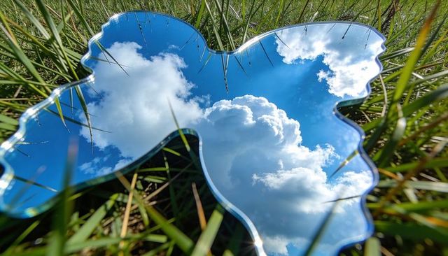 Reflecting butterfly mirror showing blue sky and cumulus clouds on green grass