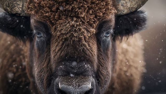 Majestic bison facing camera with frost-dusted muzzle and falling snowflakes closeup