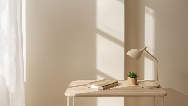 Minimal sunlit workspace wooden desk matte lamp succulent journal neutral interior