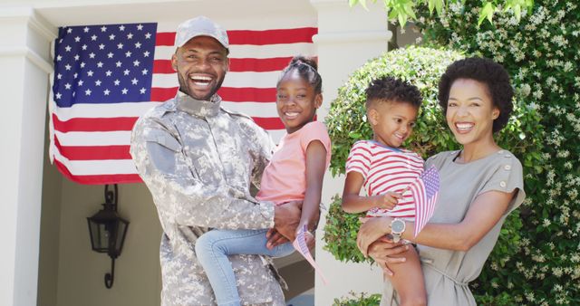 Family Reunion with Military Father in Front of American Flag - Download Free Stock Images Pikwizard.com