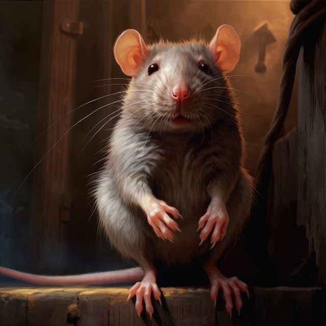 Curious rat standing on a wooden ledge in a dimly lit room. Detailed features, including whiskers and fur texture, create a realistic and engaging portrayal of the animal. Perfect for themes related to wildlife, nature, curiosity, and nocturnal animals. Could be used in educational materials, storytelling, and animal-related content.