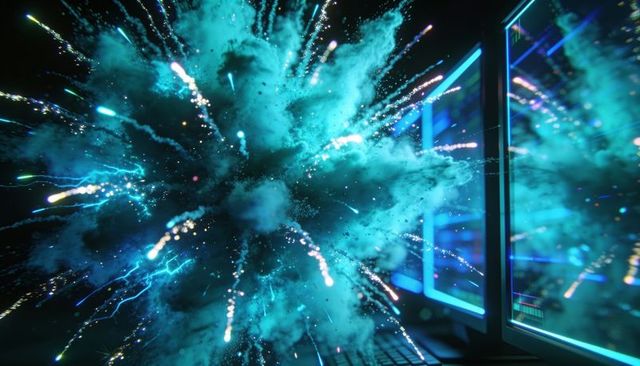 Teal cyberburst over futuristic workstation with neon monitors and backlit keyboard