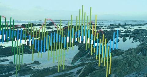 Colorful data bars and trend lines on rocky shoreline background