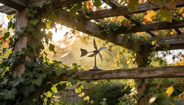 Rustic pergola with spinning metal wind spinner and sunflare through ivy in autumn garden