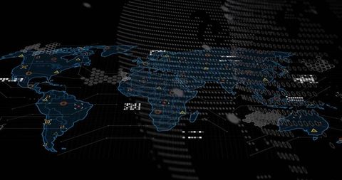 Futuristic Cyber Network World Map HUD with Hex Tiles, Binary Overlay, Alerts