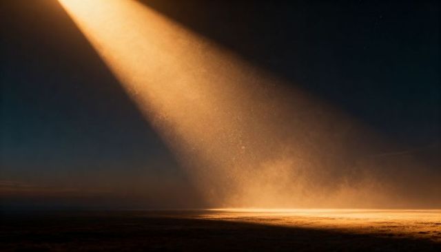 Golden Beam Casting Over Salt Flat at Dusk Illuminating Mist, Particles and Horizon