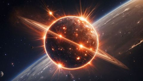 Spectacular glowing ringed planet in distant outer space