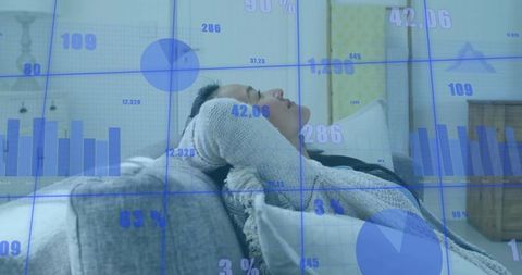 Reclining woman wearing knit sweater relaxing on sofa with blue data overlays
