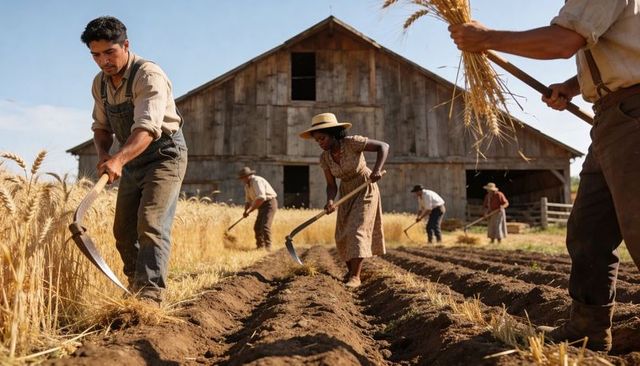 Farmworkers harvesting wheat with scythes in front of rustic barn, hand grain harvest