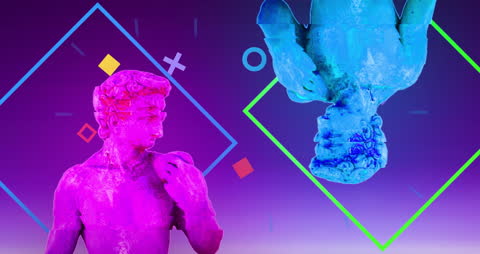 Vibrant Sculpture Animation with Geometric Shapes on Purple Background