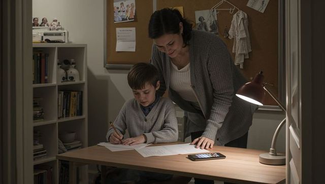 Mother Helping Son with Homework at Desk Under Lamp, Evening Study and Parenting Moment