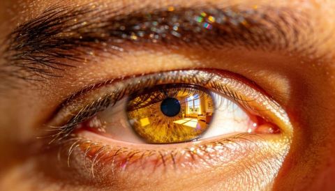 Golden amber eye close-up reflecting sunlit room through window, macro iris detail