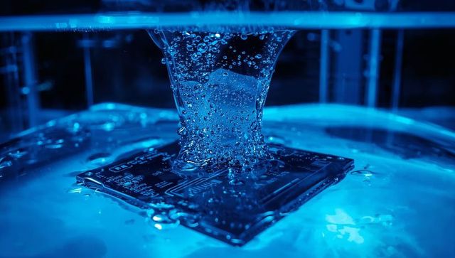 Falling water striking printed circuit board under blue led lighting with macro droplets