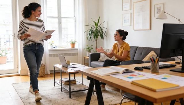 Two women collaborating in bright home workspace discussing remote work and projects