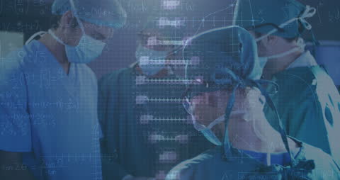 Team of Surgeons with DNA Strand and Scientific Formulas Overlay