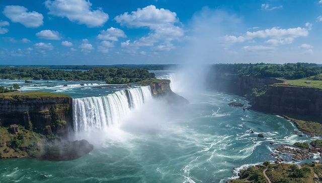 Aerial view of niagara falls cascading over horseshoe cliff into turquoise gorge with mist