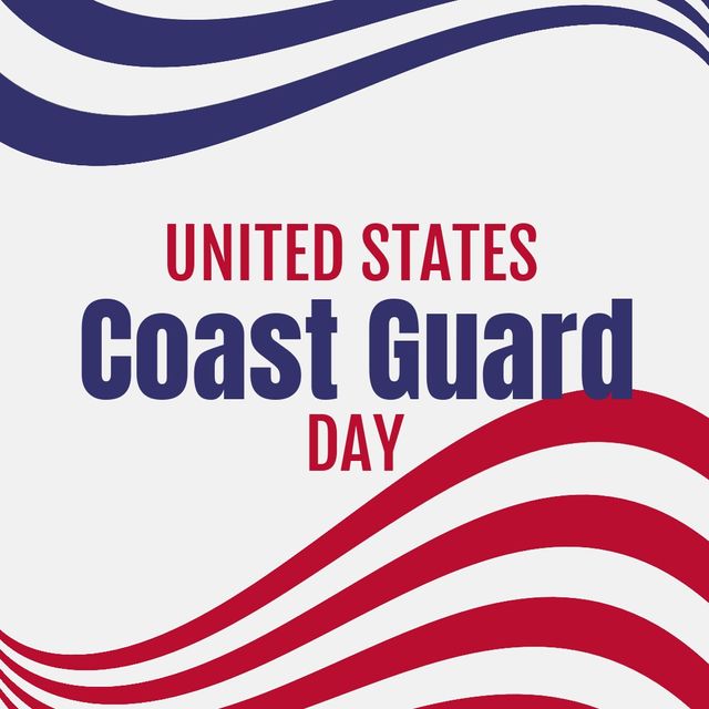 This illustration celebrates United States Coast Guard Day with bold, patriotic colors of red, white, and blue. Ideal for social media posts, event invitations, and patriotic promotions. The wave patterns add dynamic movement, symbolizing the courage and strength of the Coast Guard.