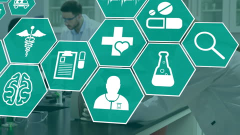 Medical Technology Infographic with Scientists in Laboratory